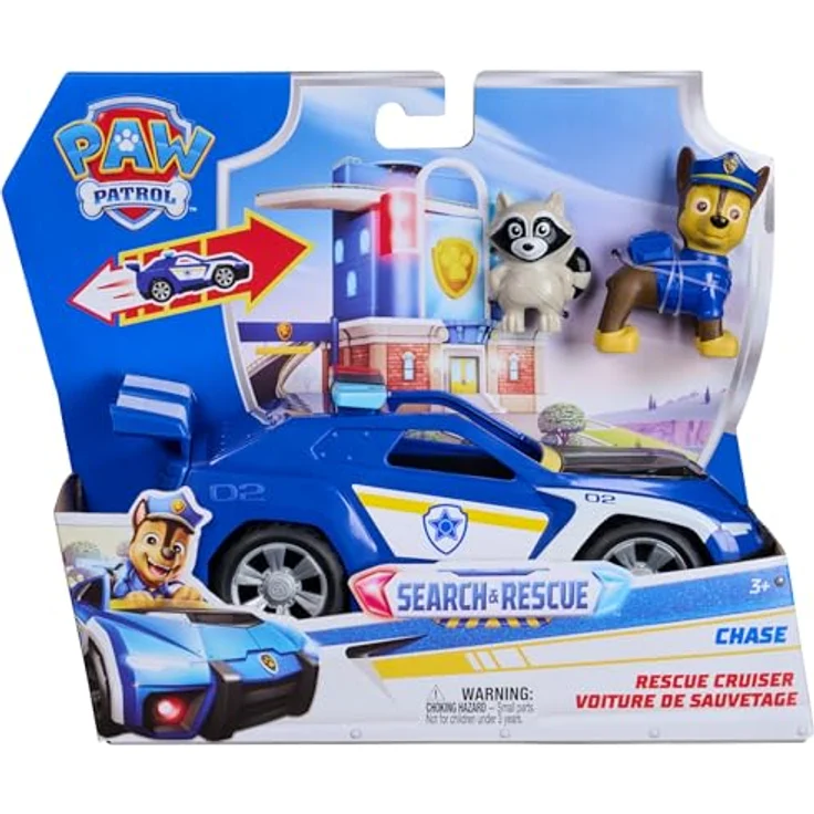Paw Patrol PAW Search & Rescue Vehicle Chase, Pullback-Fahrzeugset mit Polizeiauto und Figuren, 15 cm, inkl. Chase und Waschbär – Bild 3