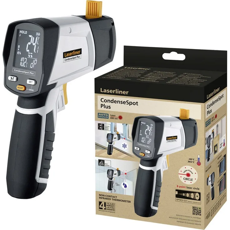 LASERLINER CondenseSpot Plus, Infrarot-Thermometer mit multifunktionalem Display und nachhaltigem Gehäuse aus recyceltem Kunststoff