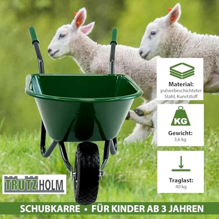 TRUTZHOLM Kinderschubkarre Uni, 40 kg Traglast, 20L Kunststoffwanne, Vollgummirad, Dunkelgrün – Bild 3
