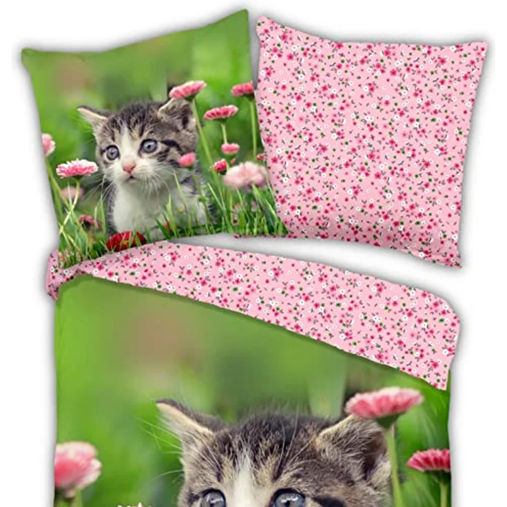 ESPiCO Bettwäsche Trendy Bedding Jacky Tiermotiv Katze Kätzchen Blumen geblümt Wiese Wendeoptik Renforcé, 135x200 cm, Kinderbettwäsche, 100% Baumwolle – Bild 2