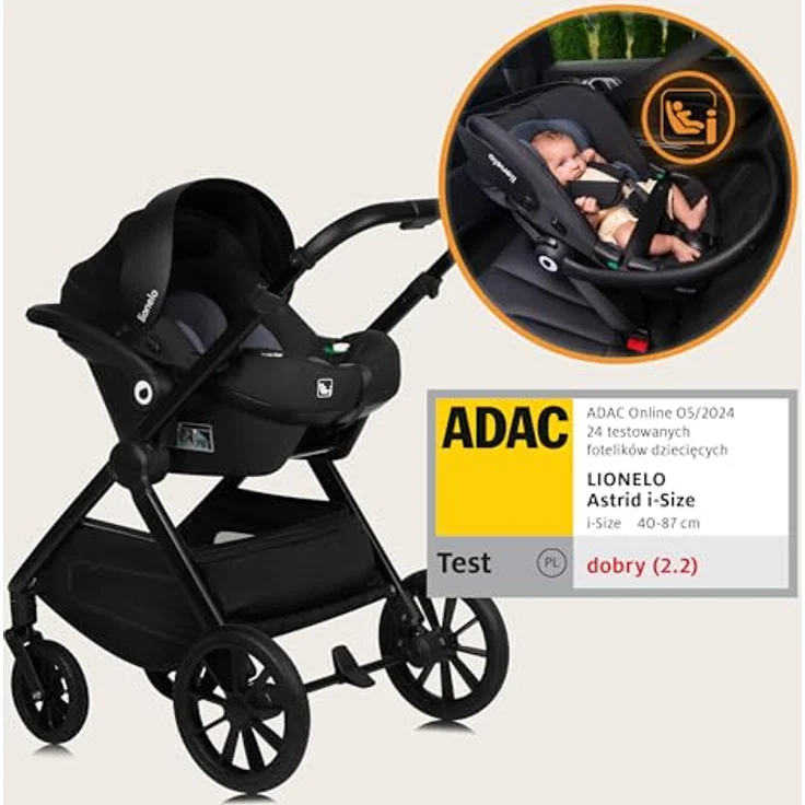 Lionelo Layla 3-in-1, Kinderwagen in Black Onyx mit Babywanne, Autohalterung und Adac-zertifiziertem Kindersitz – Bild 4