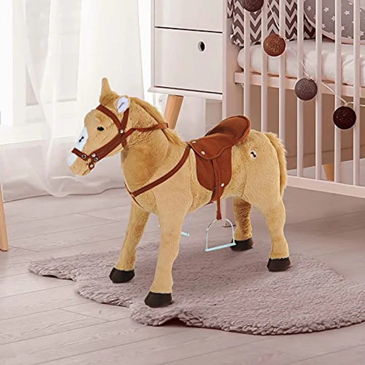 HOMCOM Plüsch Reitpferd für Kinder, Stehpferd mit Sound, Spielpferd für drinnen und draußen, 85 x 28 x 60 cm, Beige – Bild 2