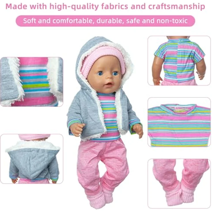 Kisvic Puppenkleidung Set für Baby Puppen 36-43 cm, inklusive Mantel, Bluse, Hose, Hut und Socken, aus hochwertigen Materialien, ideal als Geschenk für Mädchen – Bild 2