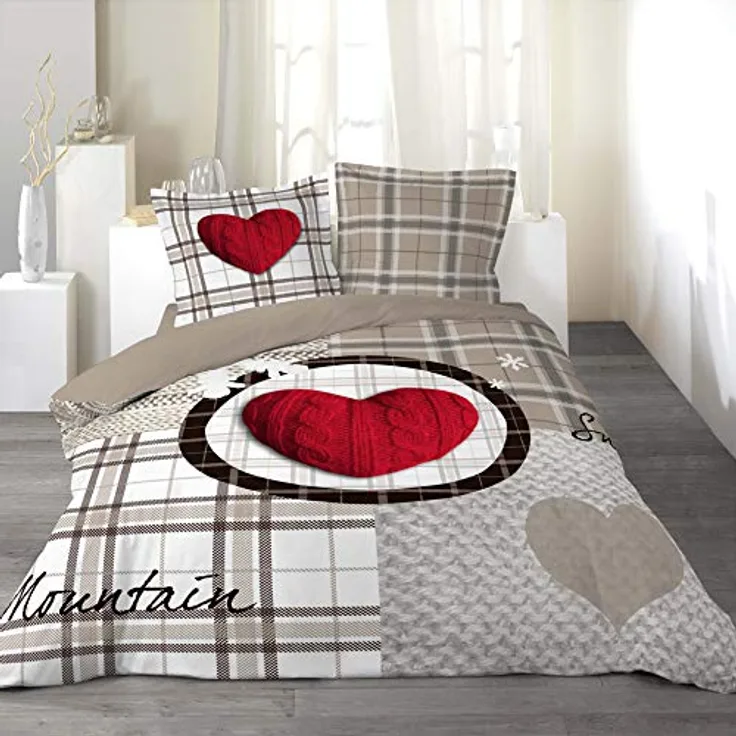 Dynamic24 3tlg. Landhaus Bettwäsche 240x220cm beige rot Herz kariert 100% Baumwolle - Übergröße Bett King Queen Size
