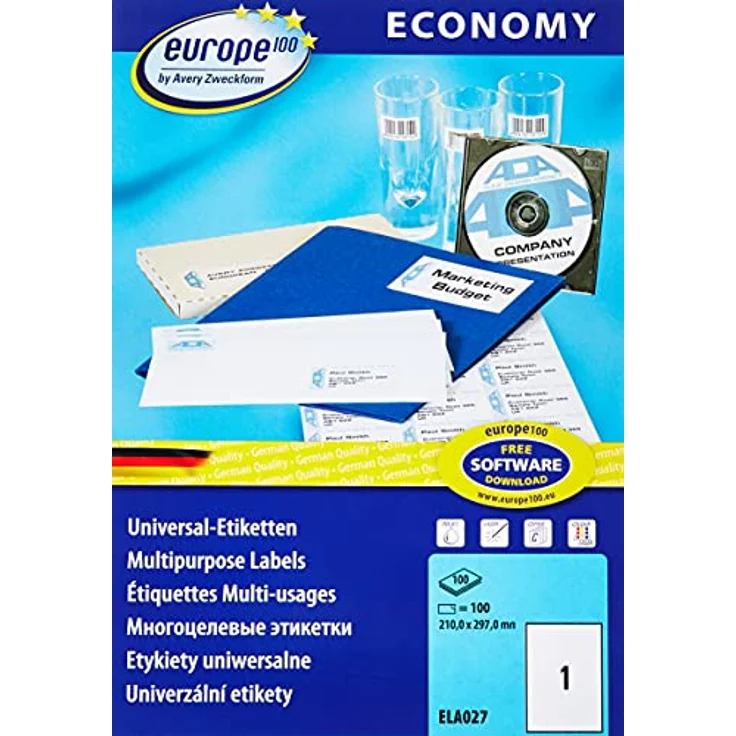 europe100 ELA027 Universal Etiketten (100 Klebeetiketten, Format 210x297mm auf DIN A4, selbstklebende Versandetiketten, bedruckbare Versandaufkleber, 3478) 100 Blatt, weiß – Bild 1