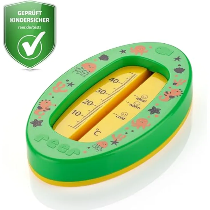 Reer Baby-Badethermometer oval, kindersicheres Bade-Thermometer mit übersichtlicher Skala, quecksilberfrei, hoher Messbereich bis 50 °C, grün