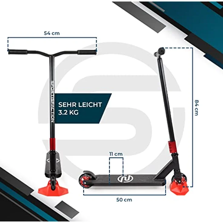 Sportisfaction Stuntscooter Rot, Profi Roller mit ABEC11 Kugellagern, 4-fach Klemme, belastbar bis 100kg, Alu-Deck 50x11cm, robustes Design für Tricks & Rampen – Bild 5