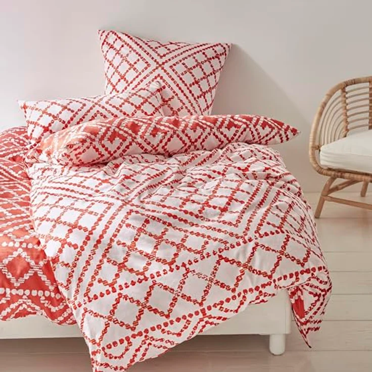 Ibena Bettwäsche 155x220 cm - 100% Baumwolle, Reißverschluss, Mako Satinbettwäsche rotorange wollweiß Gemustert – Bild 2