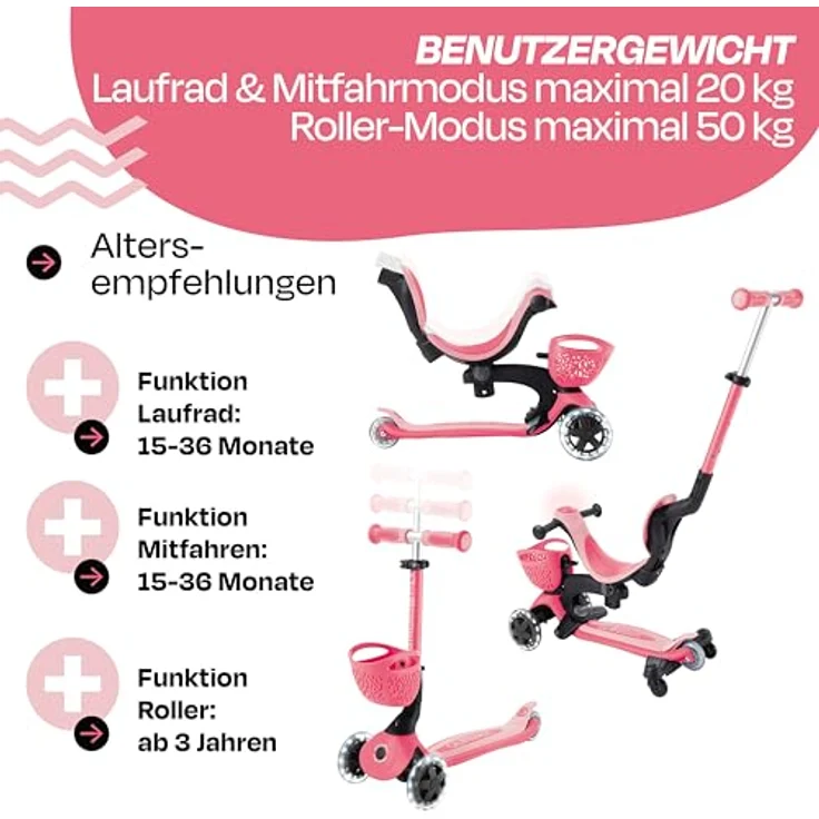 Globber GO-UP BABY 360 LIGHTS coral pink-pastellrosa, 3-in-1 Kinderfahrzeug mit LED-Leuchten und Klappmechanismus – Bild 5