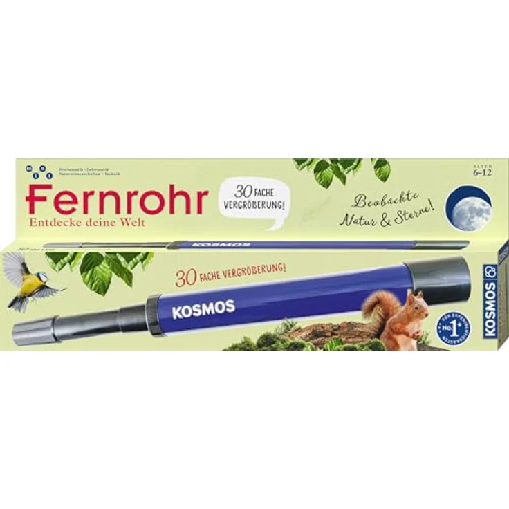 KOSMOS 676940 Fernrohr, Linsenfernrohr mit 30-facher Vergrößerung, stabiler Okularauszug, für Kinder ab 8 Jahren, mit Tipps zur Anwendung und Beobachtungen – Bild 1
