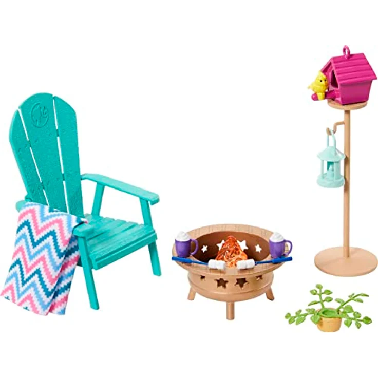 Barbie Mobilier – HJV33 – Dekorationsset für Puppenhaus Barbie – Gartenterrasse, Lagerfeuer, Vogelhaus und Vogelhaus – Bild 3