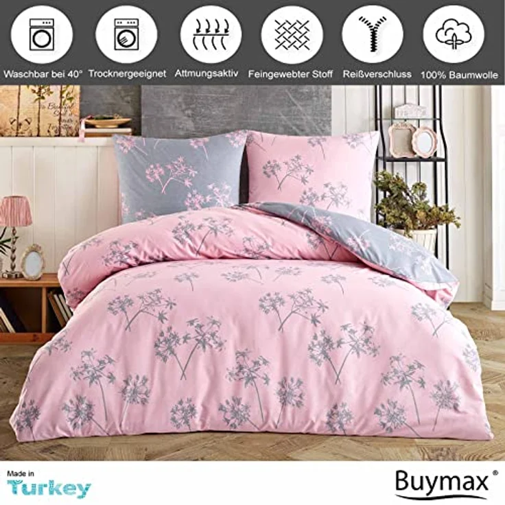 Buymax Bettwäsche 155x220 Baumwolle 2-Teilig Bettgarnitur mit Bettbezug und Kissenbezug 80x80 Renforce Bettwäsche-Set Wendbar Botanisch Blätter Zweige, Rosa Grau – Bild 2