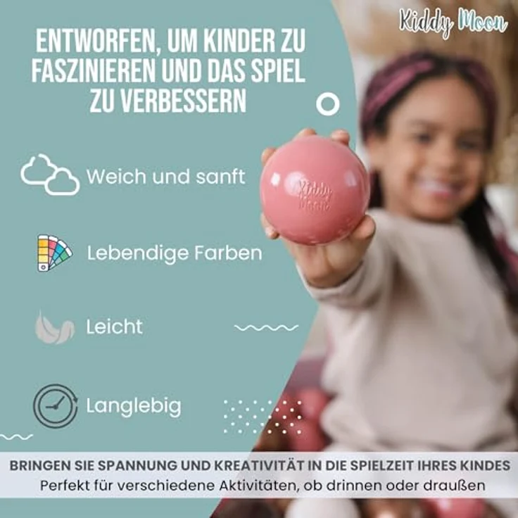 KiddyMoon Bällebad Bälle, 700 Einfarbige Kunststoffbälle Ø 7 cm in Pastellbeige/Lachsfarben/Weiß, BPA frei, Made in EU – Bild 5
