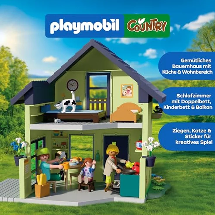 Playmobil Farmhouse, Bauernhaus-Spielset mit Wohnzimmer, Küche, Balkon und Tieren, Modell 72162 – Bild 3