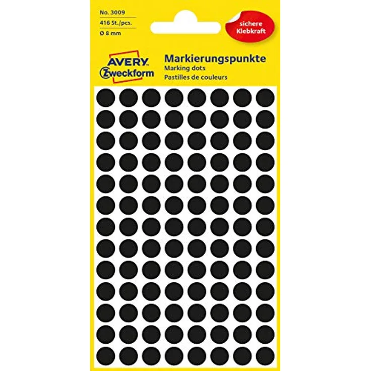 AVERY Zweckform 3009 selbstklebende Markierungspunkte 416 Stück (Ø8mm, Klebepunkte auf 4 Bogen, Punktaufkleber zur Farbcodierung, runde Aufkleber für Kalender, Planer und zum Basteln, Papier) schwarz