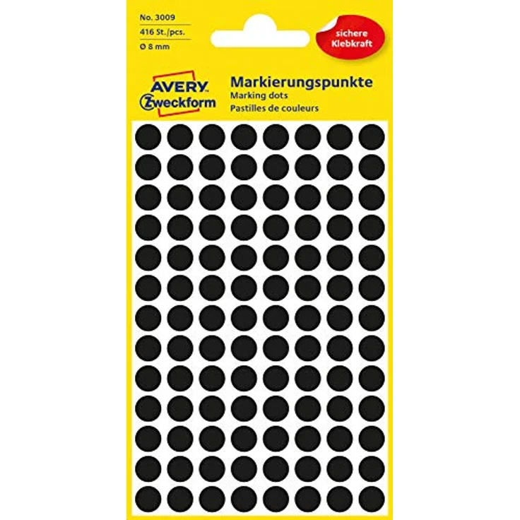 AVERY Zweckform 3009 selbstklebende Markierungspunkte 416 Stück (Ø8mm, Klebepunkte auf 4 Bogen, Punktaufkleber zur Farbcodierung, runde Aufkleber für Kalender, Planer und zum Basteln, Papier) schwarz – Bild 1