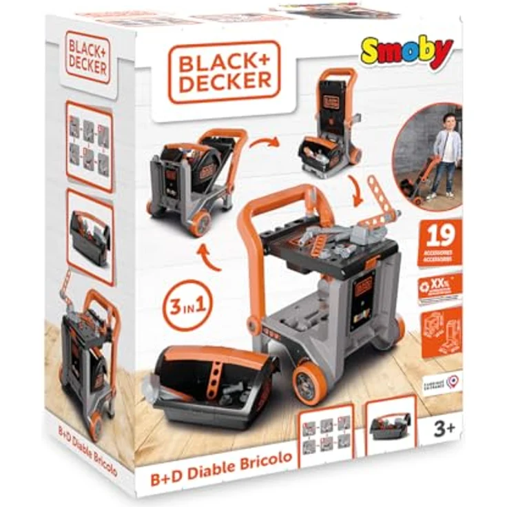 Smoby 3-in-1 Spielwerkbank Black+Decker, Made in Europe mit 19 Zubehörteilen, mobil als Trolley oder Schubkarre nutzbar – Bild 5