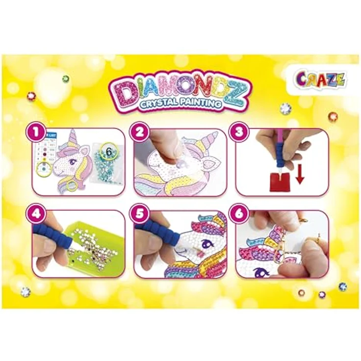 CRAZE DIAMONDZ Keychains Set Unicorn - DIY Diamond Painting Schlüsselanhänger Bastelset, Diamant Malerei Kinder 5x Schablonen & Zubehör – Bild 3