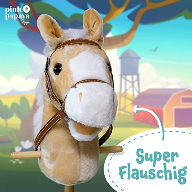 Pink Papaya Steckenpferd, Goldy, süßes Spielzeug Pferd aus Plüsch mit Sound Funktion: Gewieher und Galoppgeräusch - Farbe: beige mit Blonder Mähne – Bild 5