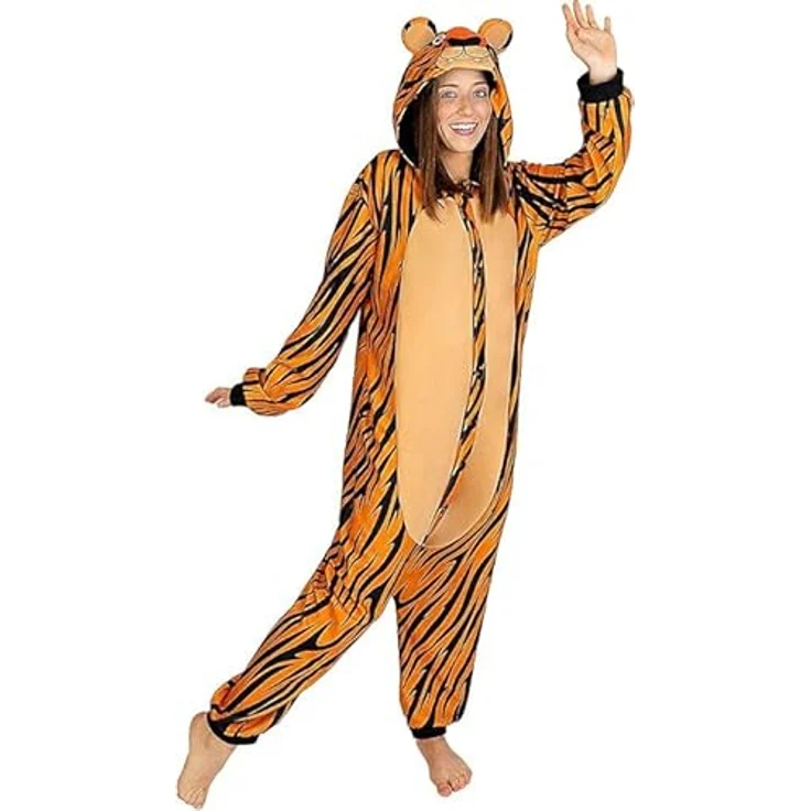Funidelia Tiger Onesie Kostüm für Herren und Damen - Größe S-M, Orange, 100% Polyester - Tiere, Wüste, Dschungel - Erwachsenenkostüm – Bild 1