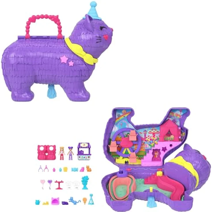 Mattel Polly Pocket Party Kätzchen Pinata, Spielset mit 2 Mikropuppen und 23 Zubehörteilen, bunte Überraschungen für Kinder ab 4 Jahren – Bild 1