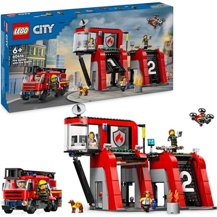 LEGO City Feuerwehrstation mit Drehleiterfahrzeug, Feuerwehr-Spielzeug mit Feuerwache und Feuerwehrauto, Geburtstagsgeschenk für Kinder ab 6 Jahren, Set mit Hund und 5 Minifiguren 60414 – Bild 1