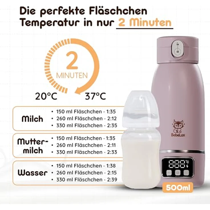 BebeLux BebeWarm V2, Babyflaschenwärmer mit 2 Min Aufwärmzeit, kompatibel für Milch, Muttermilch & Wasser, 15 Flaschen pro Ladung, BPA-frei, Sterilisation bis 100 °C, mobil und kompakt – Bild 2