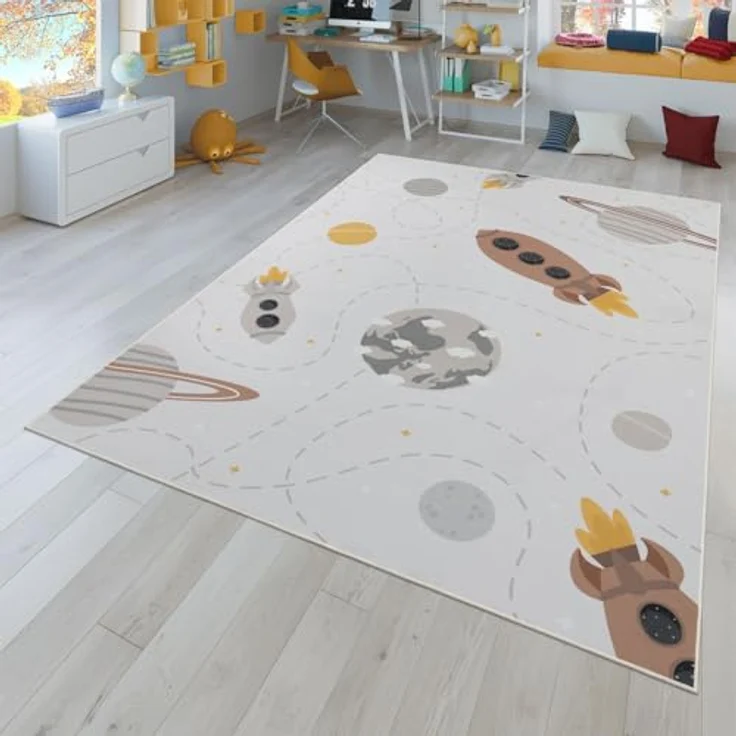 TT Home Kinderteppich Tiere Weltkarte Autos, rutschfest, beige-braun-gelb, 160x220 cm, 100% Polyester, STANDARD 100 by OEKO-TEX – Bild 1