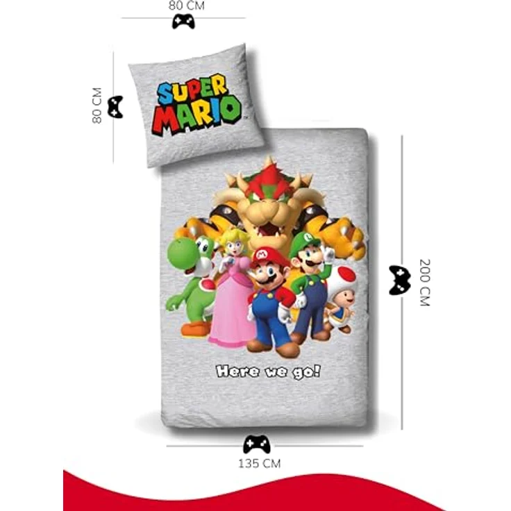 Bettwäsche 135x200 Flanell, Biber, Nintendo Super Mario, kuschelig weich für Winter, 1x Kissenbezug 80x80 + Bettbezug 135x200, 100% Baumwolle, Kinderbettwäsche Gaming – Bild 4