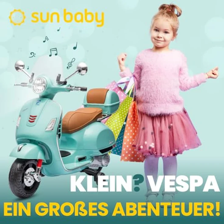 sun baby Vespa Elektro Kindermotorrad ab 3 Jahren, mit MP3-Player, Kunststoffräder, Kofferraum (Turkis) – Bild 2