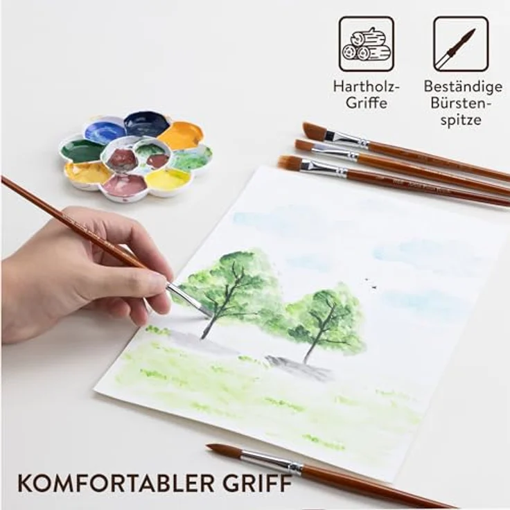 H&S Pinselset 12er, Acrylfarben, Aquarell- und Ölfarben, flache und runde Pinsel aus synthetischem Haar, Künstler Zubehör mit Hartholzgriffen – Bild 5