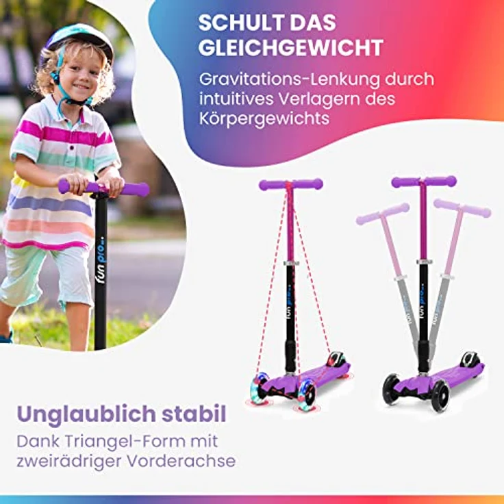fun pro Two Roller Kinder, faltbarer Premium Tretroller mit LED-Rädern, höhenverstellbar, für 5-9 Jahre, bis 80 kg, Händler aus Hamburg – Bild 5