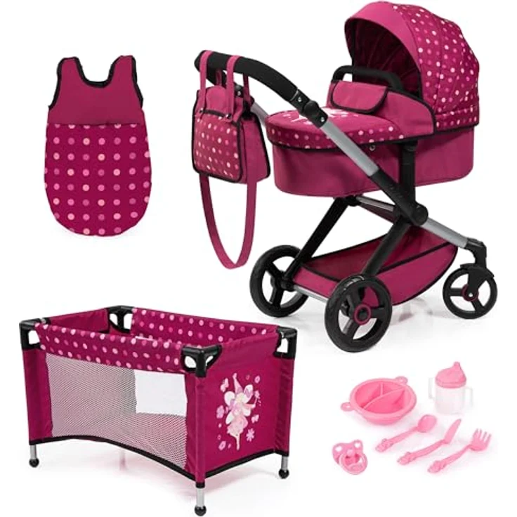 Bayer Design 17067AB Puppenwagen Xeo, Verstellbarer Griff, Schwenkschieber, Jogger, Schlafsack, Puppenbett, Zubehör, Bordeaux, Rosa – Bild 1