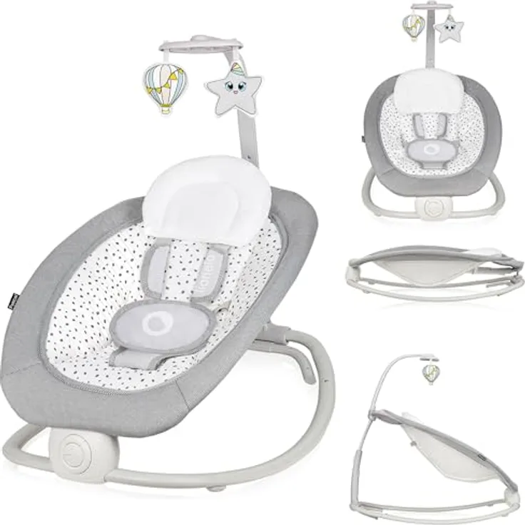 Lionelo Pascal Baby Wippe, mit sanften Vibrationen, 5 Melodien, Spielzeugkarussell, Kopfkissen und verstellbarer Rückenlehne, Energiesparsystem