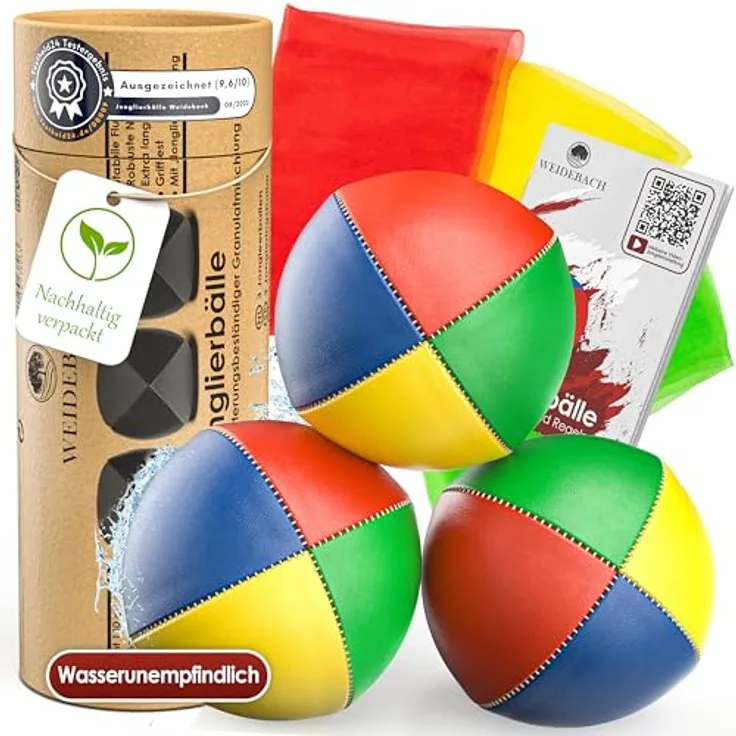 Weidebach® 3X Qualitäts Jonglierbälle Set, 130g, Ø 67 mm, wasserunempfindlich, inkl. 3 Jongliertücher und Anleitung, ideal für Anfänger und Profis