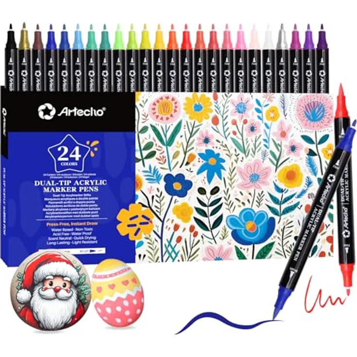 Artecho Acrylstifte 24 Farben, Dual Tip Marker mit 0.5-5mm Pinsel- und feiner Spitze, wasserfest für Rock Painting, Glas, Papier, Holz, Stoff und DIY Crafts – Bild 1