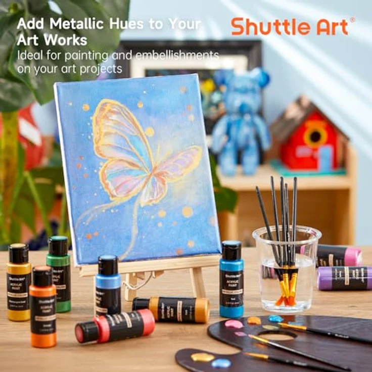 Shuttle Art Metallic Acrylfarben Set, 20x60ml Metallic Acrylfarben mit 10 Pinseln und 1 Palette, schnelltrocknend und wasserdicht für Basteln und Malen auf Leinwand, Holz und Stein, ungiftig – Bild 2