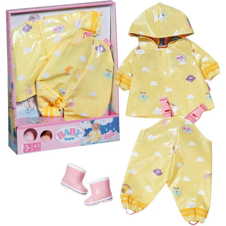 Baby Born Puppenkleidung Deluxe Regen-Outfit 43 cm, Gelb/Rosa, mit Regenmantel, Regenhose und Gumistiefeln
