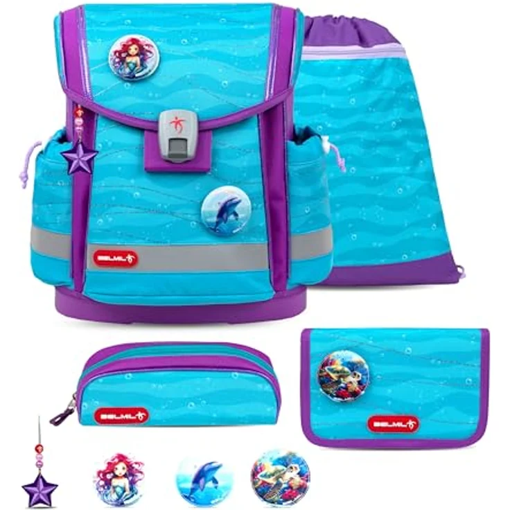 Belmil CLASSY Plus Schulranzen-Set, ergonomisch, 5-teilig, wasserabweisend, leicht, 19 L, bunt mit austauschbaren Patches – Bild 1