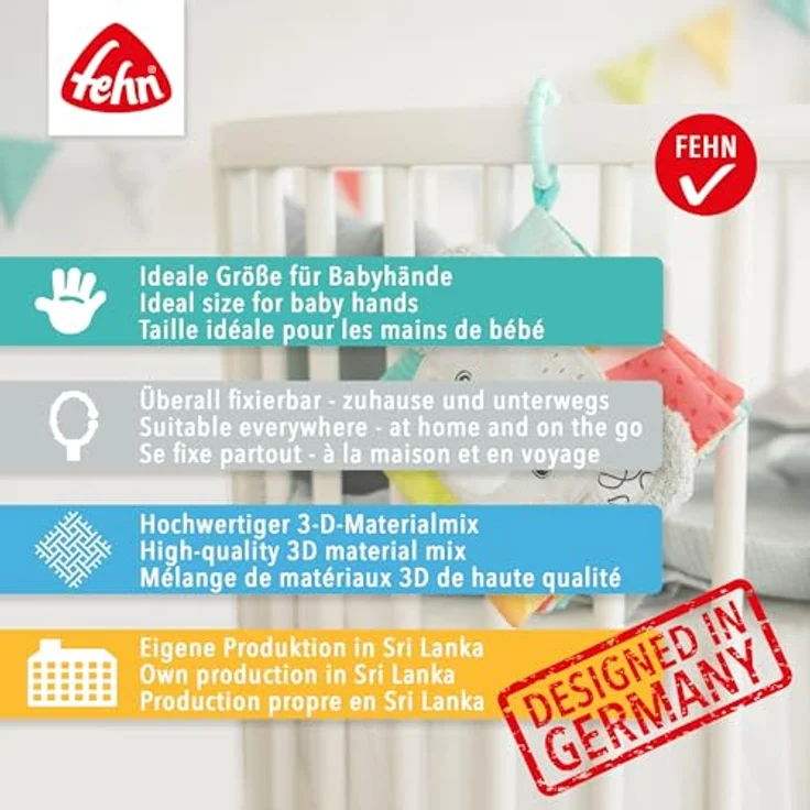 Fehn Greifspielzeug Otter Theo, Fühlbuch mit Quietsche, Spiegel und Greifring für Babys und Kleinkinder ab 0 Monaten – Bild 6