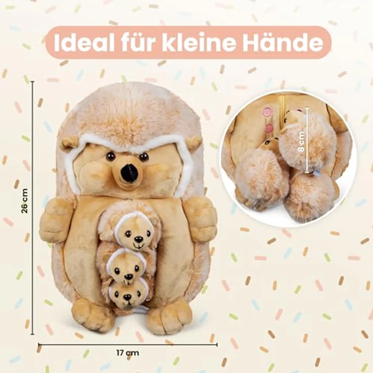 Mamanimals Igel Kuscheltier mit 3 Baby Igeln, Plüschset mit Reißverschluss und magnetischen Zitzen zum Säugen, CE-zertifiziert für Kinder ab 0+ Jahren – Bild 2