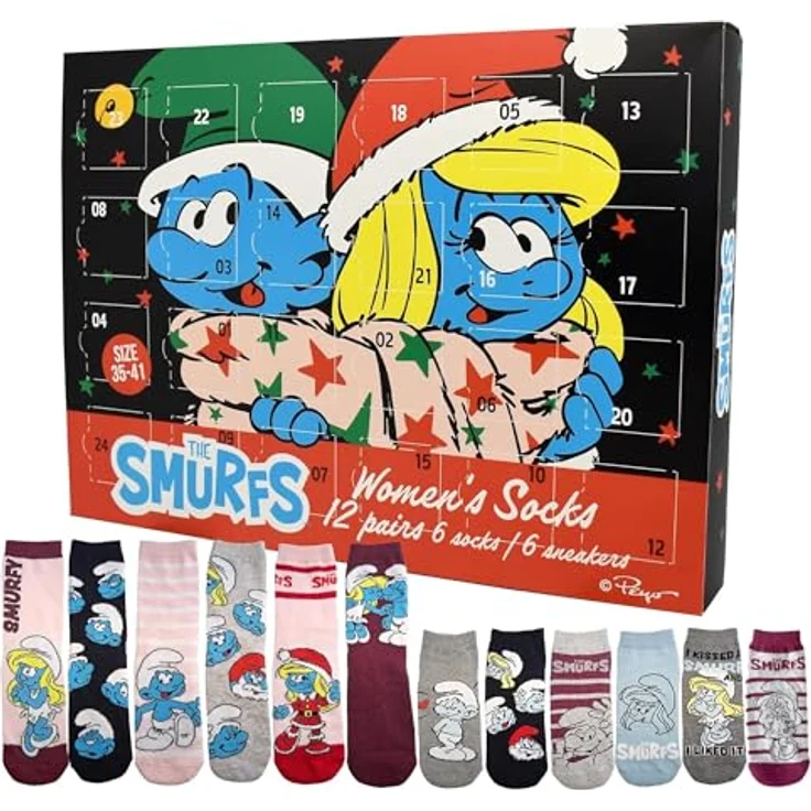 United Labels Adventskalender Die Schlümpfe, 12 Paar Socken für Damen, Größe 35-41, Sneaker und lange Socken, offizielles Merchandise – Bild 1