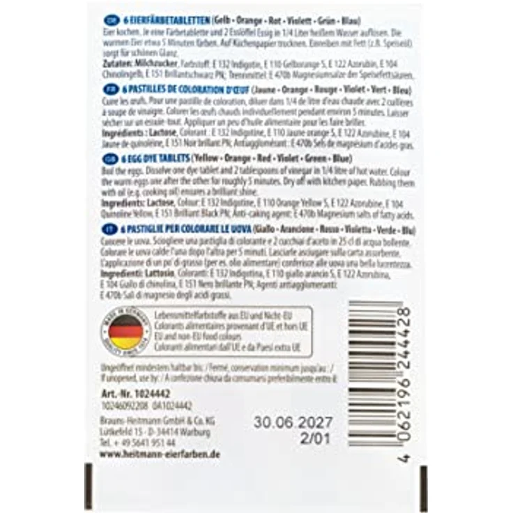 Heitmann Eierfarben Iris, 6 Heißfärbetabletten in Gelb, Orange, Rot, Lila, Grün und Blau, für weiße und braune Eier – Bild 2