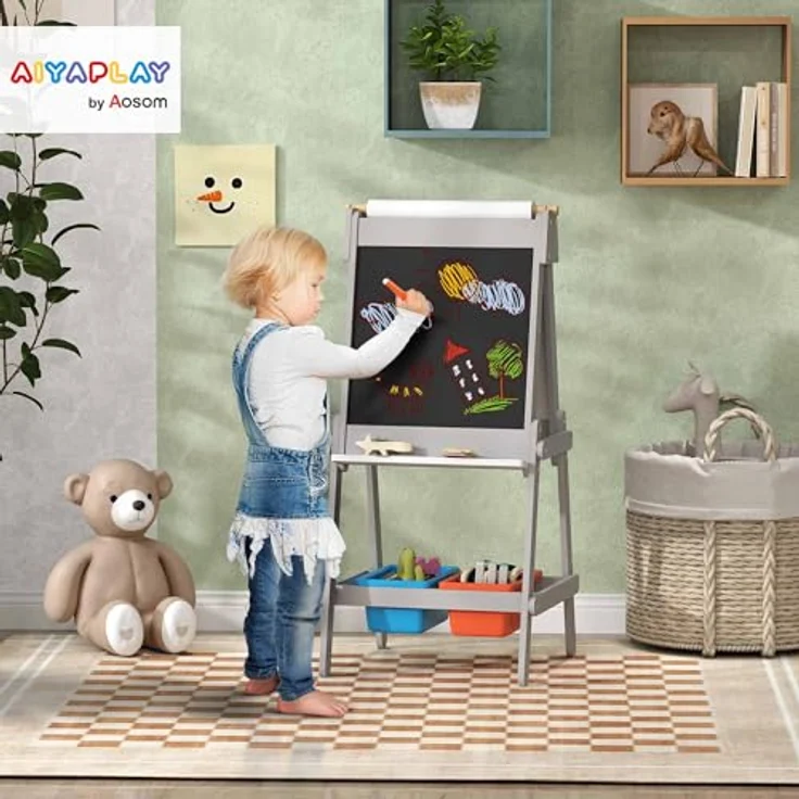 AIYAPLAY 3-in-1 Tafel, doppelseitige Kinder Staffelei mit Aufbewahrungsboxen, grau, für Kinder 3-8 Jahre – Bild 2