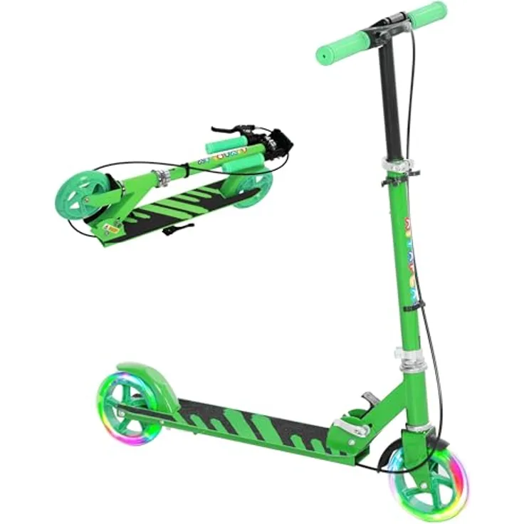 AIYAPLAY Roller Kinder Klappbar Kinderroller mit Verstellbarer Lenkerhöhe, 2 Leuchtenden Räder, Handbremse & Hinterradbremse Tretroller Scooter für 3-8 Jahre Kinder Grün