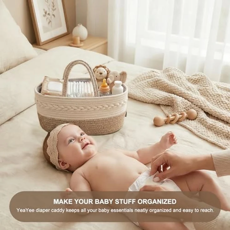 YeaYee Baby Windel Caddy Organizer, Multifunktionale Aufbewahrungsbox aus 100% Baumwoll-Leinen, tragbarer Organizer mit wechselbaren Fächern, 36,1 x 22,1 x 18 cm, für Windeln und Babybedarf – Bild 5
