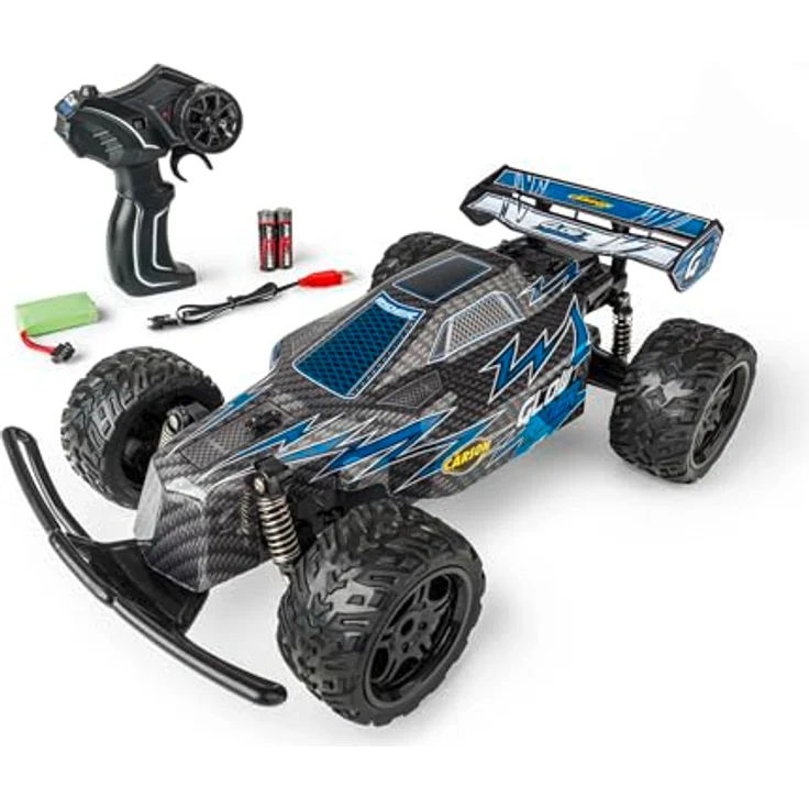 Carson Glow Rider 500404299 1:12 RC Fahrzeug mit 2,4 GHz Fernsteuerung, LED Beleuchtung, 25 Minuten Fahrzeit, blau, 100% RTR Komplett Set – Bild 1