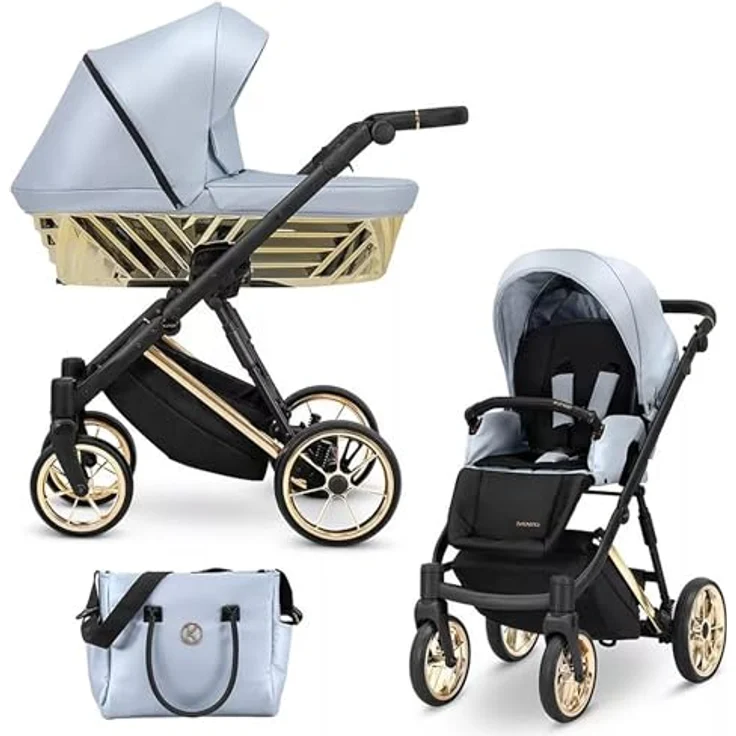 Kunert IVENTO GLAM Kinderwagen 2 in 1, Sportwagen und Babyschale Komplettset, Eco Baby Blue Metallic mit Goldrahmen – Bild 3