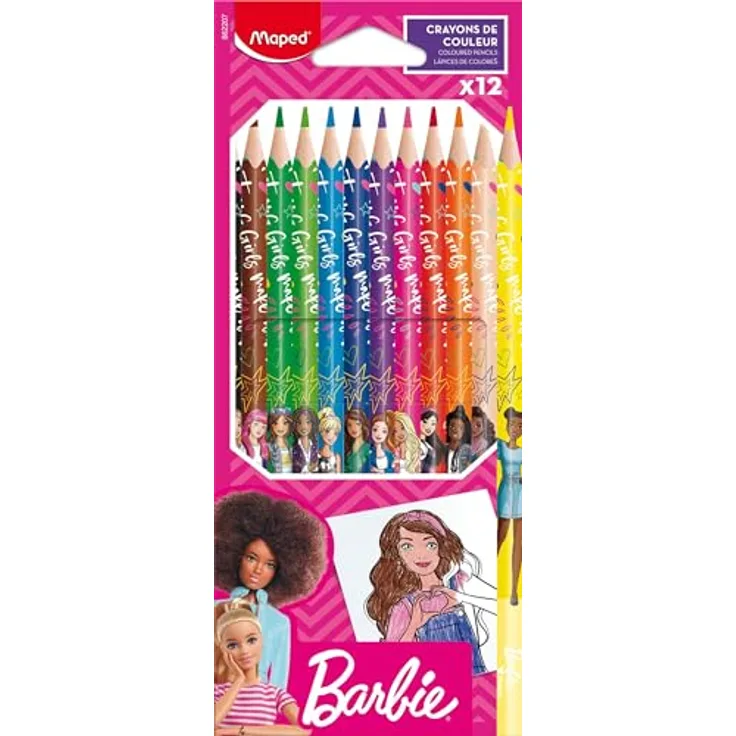 Maped Buntstifte BARBIE - 12 Stück - bruchfeste, weiche Mine - ergonomische Drei-Kant-Form - Barbie Pink