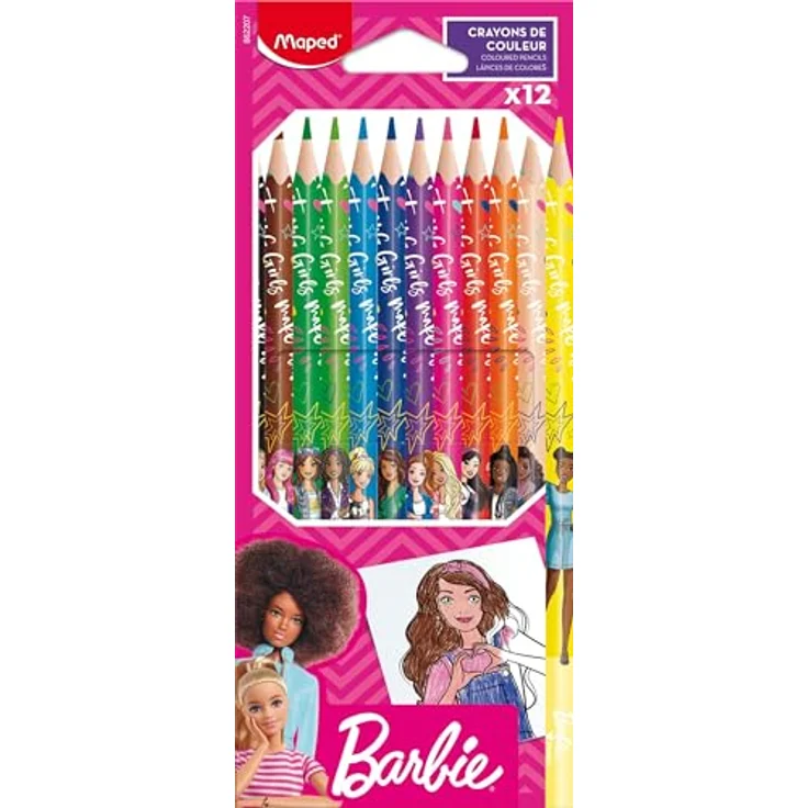 Maped Buntstifte BARBIE - 12 Stück - bruchfeste, weiche Mine - ergonomische Drei-Kant-Form - Barbie Pink – Bild 1